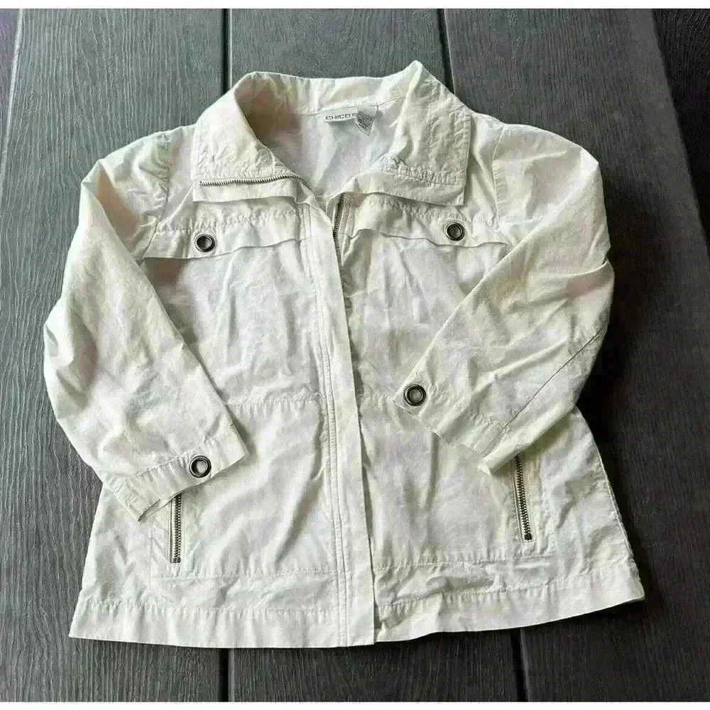 Chicos Zip Utility Jacket Sz 0 Cream 100% Cotton Pockets